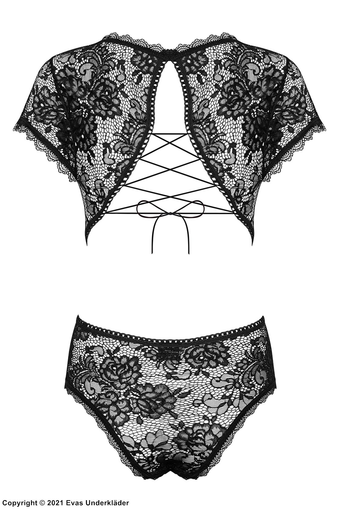 Romantischer Dessous-Teddy, transparente Spitze, kurze Ärmel, Schlüsselloch, Blumen